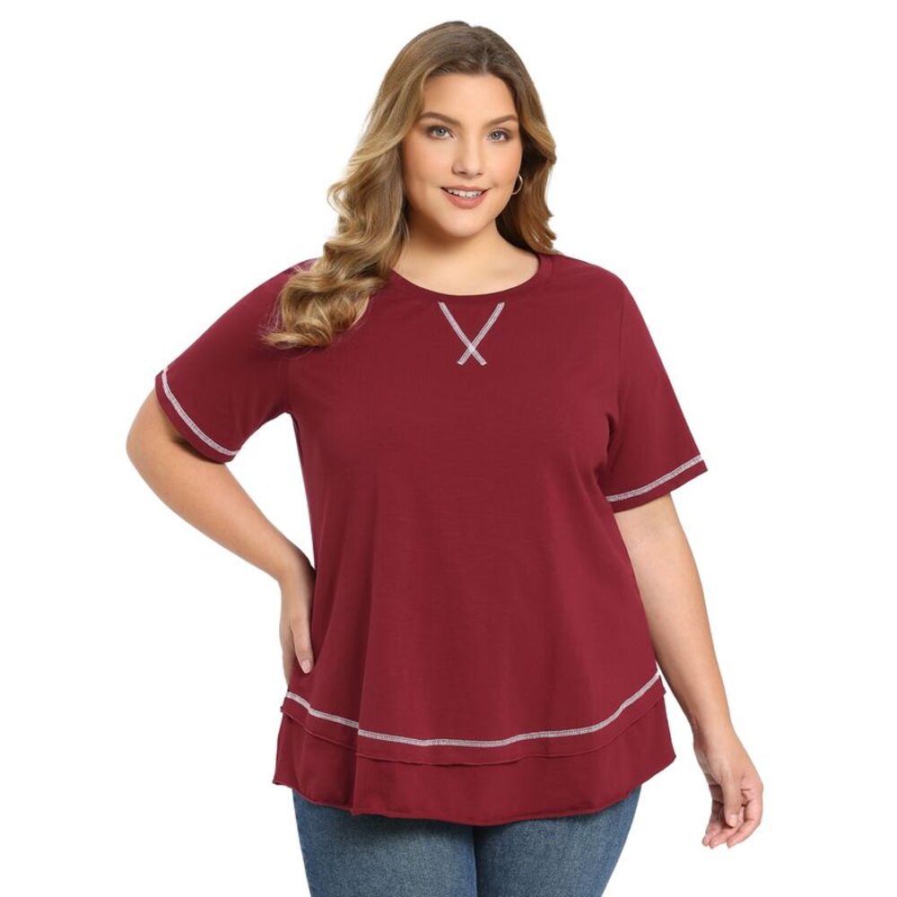 Women Plus Size Summer Crew Neck Short Sleeve Tops Burgundy